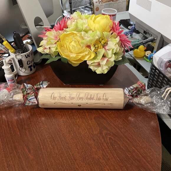 Personalized Wooden Rolling Pin "Our Hearts Have Been Rolled Into One" Engraved - Picture 1 of 4